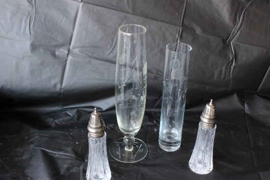 Lead Crystal Salt and Pepper shakers with 2 floral etched flutes