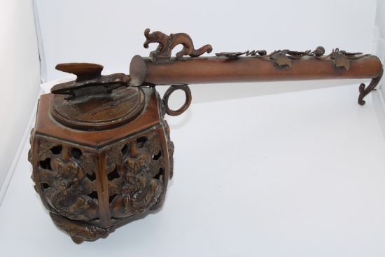 OLD JAPANESE BRONZE YATATE BRUSH HOLDER AND INKWELL FOR CALLIGRAPHY