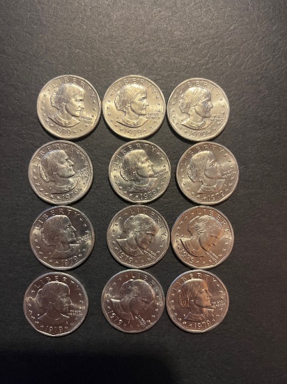 12 Susan B. Anthony Dollar Coins. 1979p