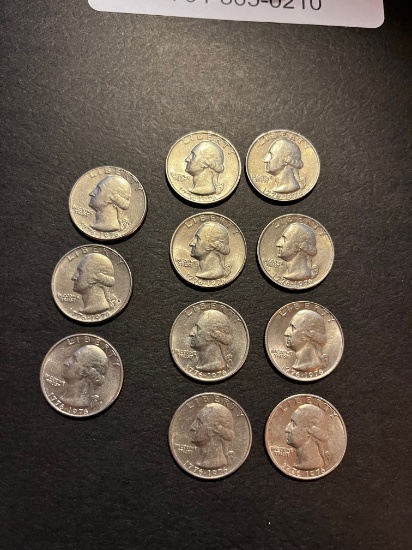 11 Bicentennial Quarters. 1776-1976. 3 with mint marks, 8 without.