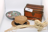 Wooden Mini Chest, Japanese Bowl, Mini Straw Hat and Sweetgrass Flower