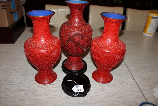 3 Chinese Cinnabar Vases with 2 Pedestals