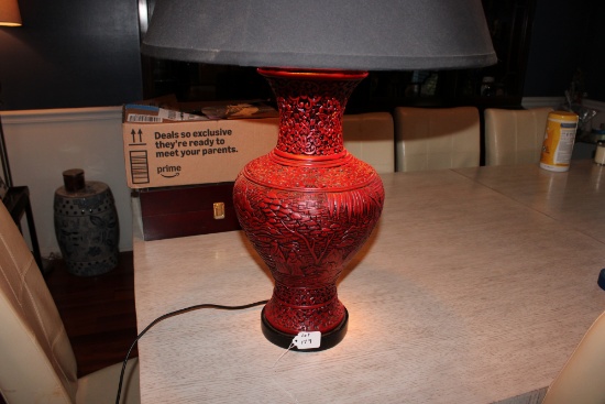 Large Chinese Cinnabar Lamp, Black Shade with Gold Interior
