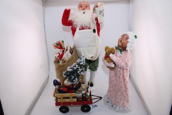 Collection of 2 Byers Choice Carolers and toy wagon