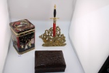 Antique Cinnabar Lacquer Box Qing Dynasty Signed, Tin with Brass Letter/Napkin Holder with Letter Op