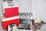 Kitchen Lot Including Set of Cutco Knives, 2 Coolers, Hand Mixer, Muffin Pans, Etc.