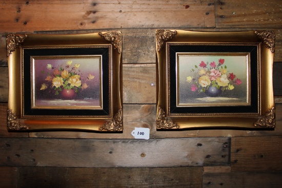 2 Signed Original Oil Paintings Vintage Floral Arrangements