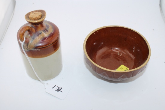 Oven Ware Bowl and Miniature Stoneware Jug w Cork