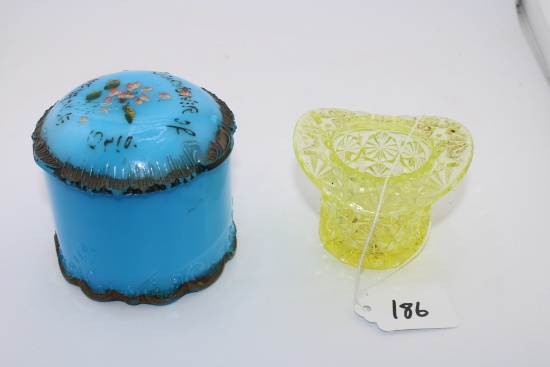 Dithridge & Co Vintage Blue Milk Glass Painted Vanity Dresser Jar, Vaseline Glass Toothpick Holder
