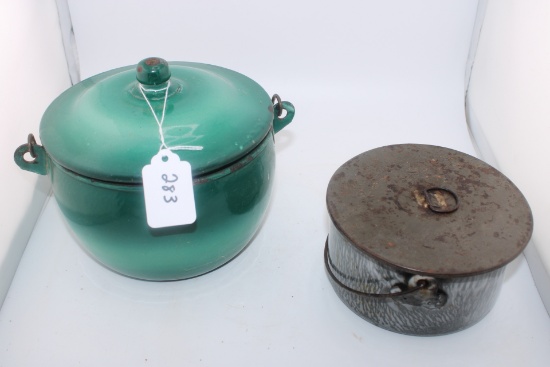 Antique Metal Gray Enamelware, Green pots