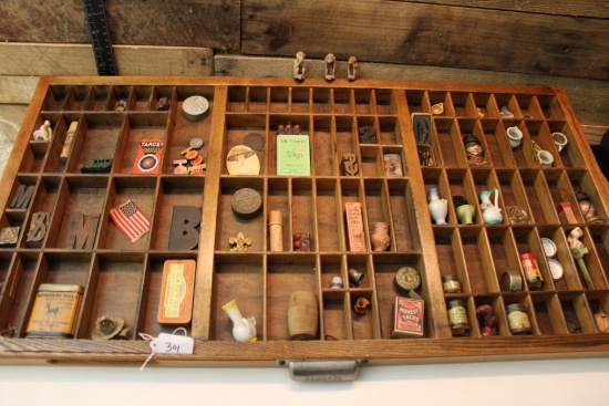 Antique Wooden Letterpress Printer Tray Full of Original Vintage Curios