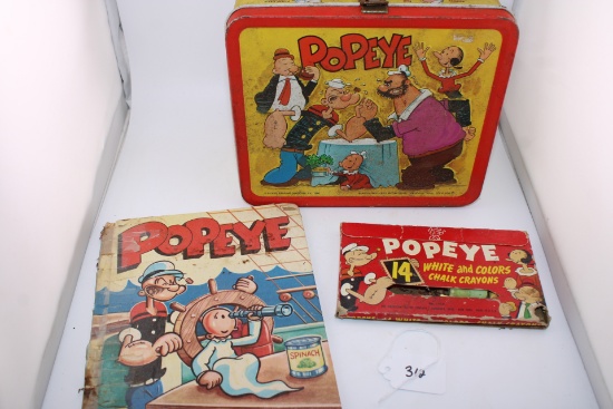 Vintage Popeye Lunch Box, Crayons & Book