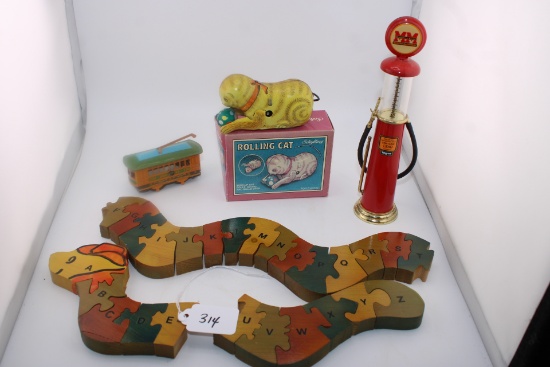 Vintage Toys Miniature Oil pump, Rolling Cat w Box, Wooden Alphabet and Rail Car