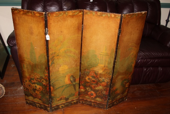 Antique 3-Panel Hand Painted Canvas Fireplace Screen