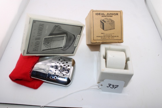 Vintage Hand Warmer w Box, Hand Moistener w Box
