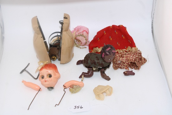 Antique Wind Up Black Americana Doll, Other Doll Pieces with Clothes