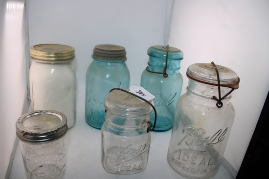 Ball Mason Jar lot. Three jars are vintage blue glass.
