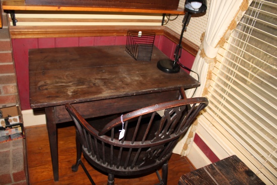 Antique Desk Table, Desk Lamp and Accessories