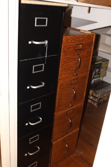 5 drawer metal filing cabinet and a 4 drawer wooden cabinet