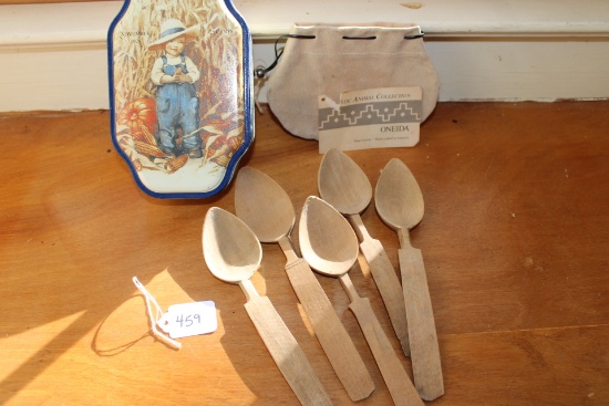 5 Spalted Spoons, 1928 Tin Can, Leather Pouch