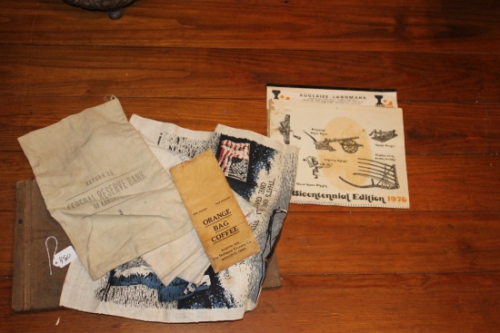 Vintage Box, Apollo 11 Fabric, Federal reserve Money bag, Vintage Flour Bag