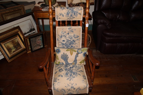 Antique Victorian Style Platform Rocker with Early Peacock Pillow