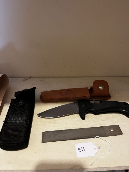 Gerber Parabellum Knife, case and Old-Time Hone steel