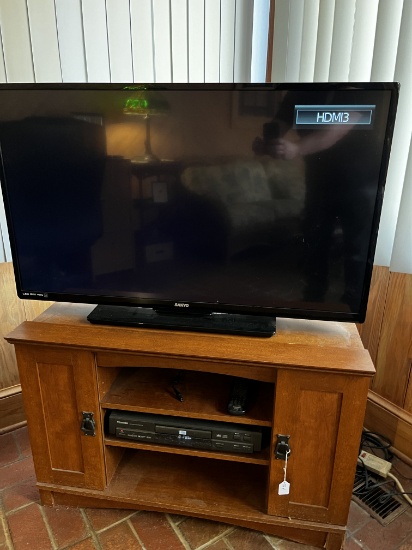 Sanyo 43 " TV Model fw43d, TV Stand and Toshiba DVD Player. No remote for the TV. Both power on.
