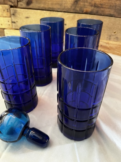 Six Anchor Hocking Cobalt Blue Drinking Glasses and a blue glass wine stop