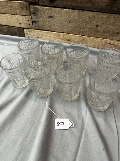 Eight Paneled Thistle Glasses and glass bottles