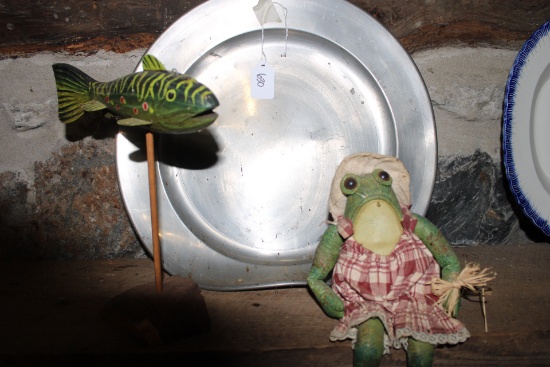 Pewter Mantle Platter with Frog Shelf Sitter and Wooden Fish