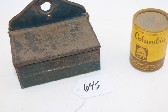 1890 Tin Match Holder with Hinged Top, Colombia Wax Company Container that contains Matches