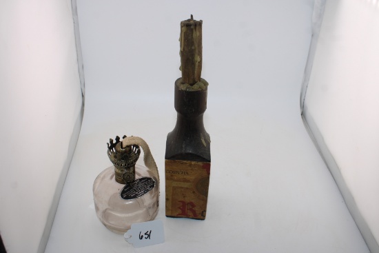 Antique Candle with Holder and Mini Oil Lamp