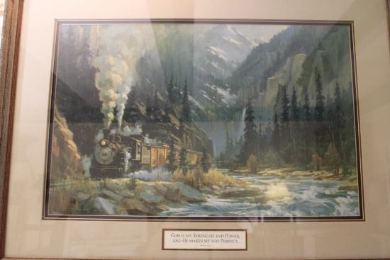 Steam in the Rockies Art work, by David Tutwiler. Professionally framed and matted. Measures 39x29"