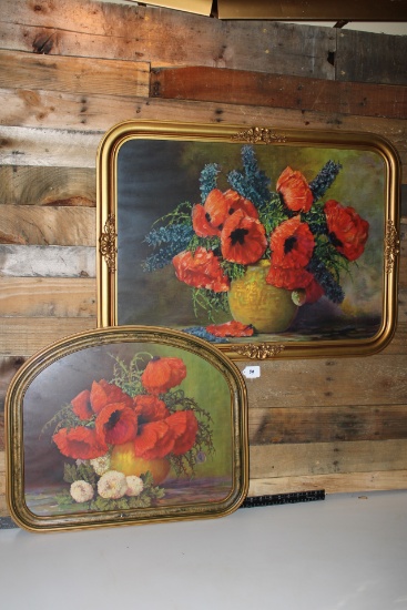 Flower Wall Art Lot, Vintage Gold Framed Max Theodor Streckenbach Poppy
