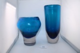 Signed Murano Style Heavy Blue Glass Vases