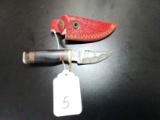 Straight Back Point Damascus Hunting Knife with Sheath