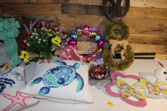 Tote full of spring decorations and pillows
