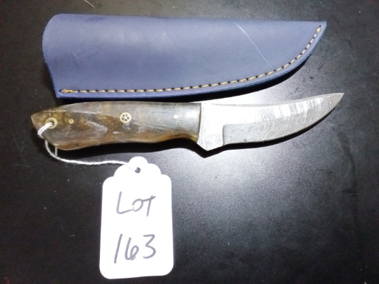 Trailing Point Damascus Hunting Knife with Sheath