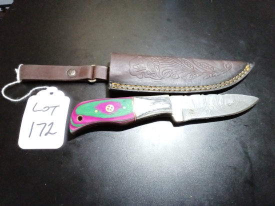 Drop Point Damascus Hunting Knife with Sheath