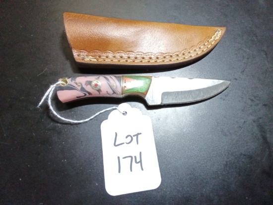 Straight Back Damascus Hunting Knife with Sheath