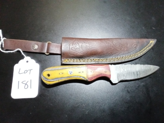 Straight Back Damascus Hunting Knife with Sheath