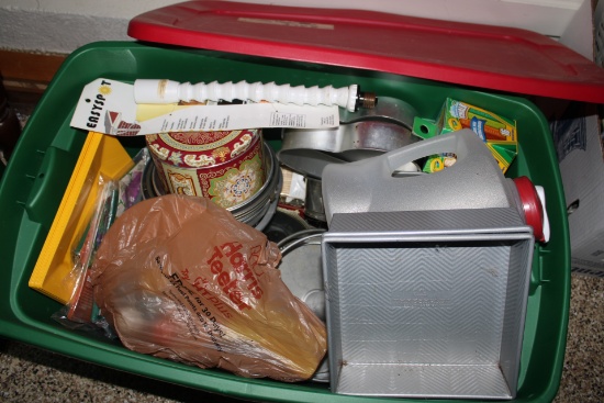 Tote of Kitchen Pans and cooking items/dishes