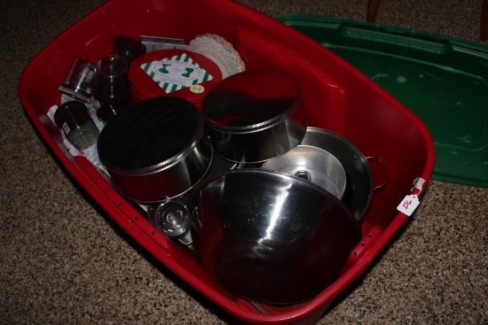 Tote of Kitchen Pans and cooking items/dishes