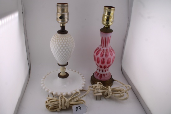 Vintage White Hobnail Glass Lamp and Cranberry Pink Coin Dot Lamp