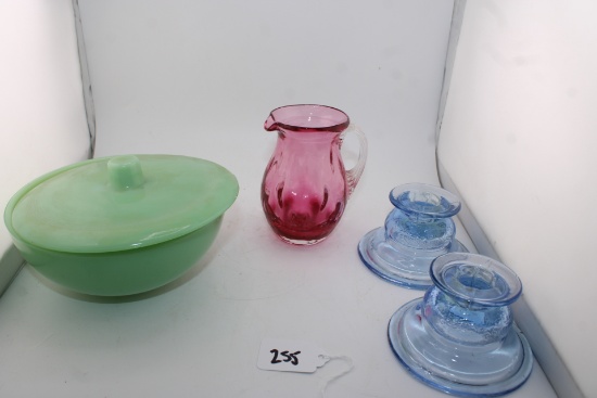 Jadeite Gree, Glass Bowl, Cranberry Glass Pitcher and a pair of Indiana Glass Blue candle sticks