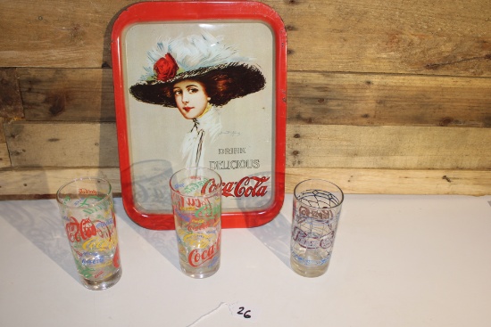 Coca cola Tray and glasses and pepsi glass.