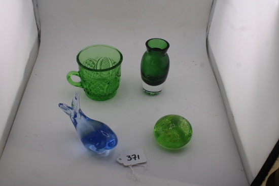 Green Glass Items with Paperweights