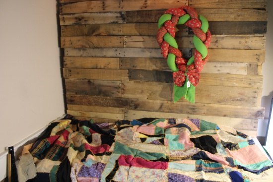 2 Antique Quilt Toppers, Patch Quilt Wreath, Crocheted Blanket