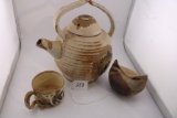 Handmade Pottery Teapot w Lid, with mug, bird